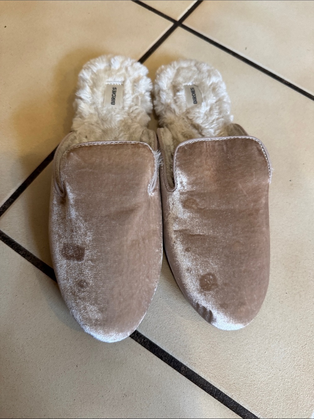 Birdies The phoebe velvet beige faux fur slippers